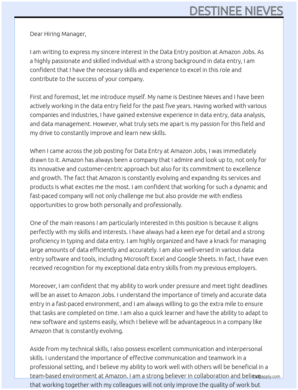 Data Entry At Amazon Jobs Cover Letter