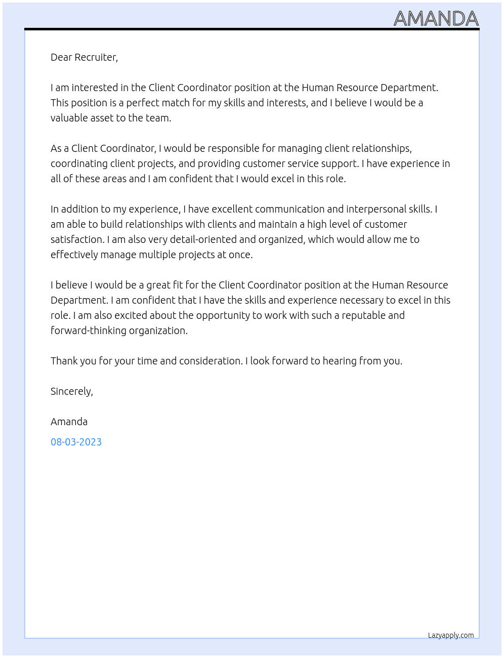 Client Coordinator At Human Resource Department Cover Letter