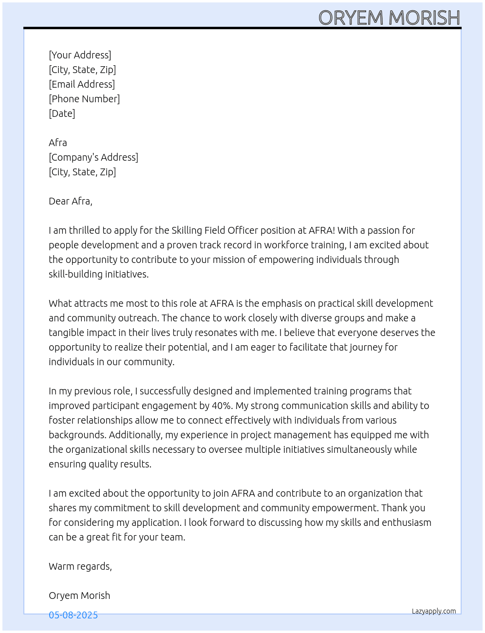 Cover letter for skilling field officer - LazyApply