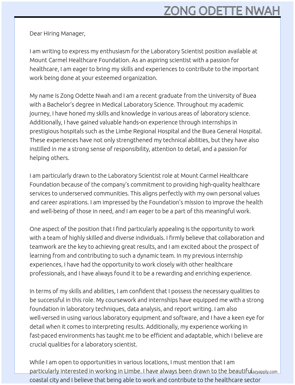 Laboratory Scientist At Mount Carmel Healthcare Foundation  Cover Letter
