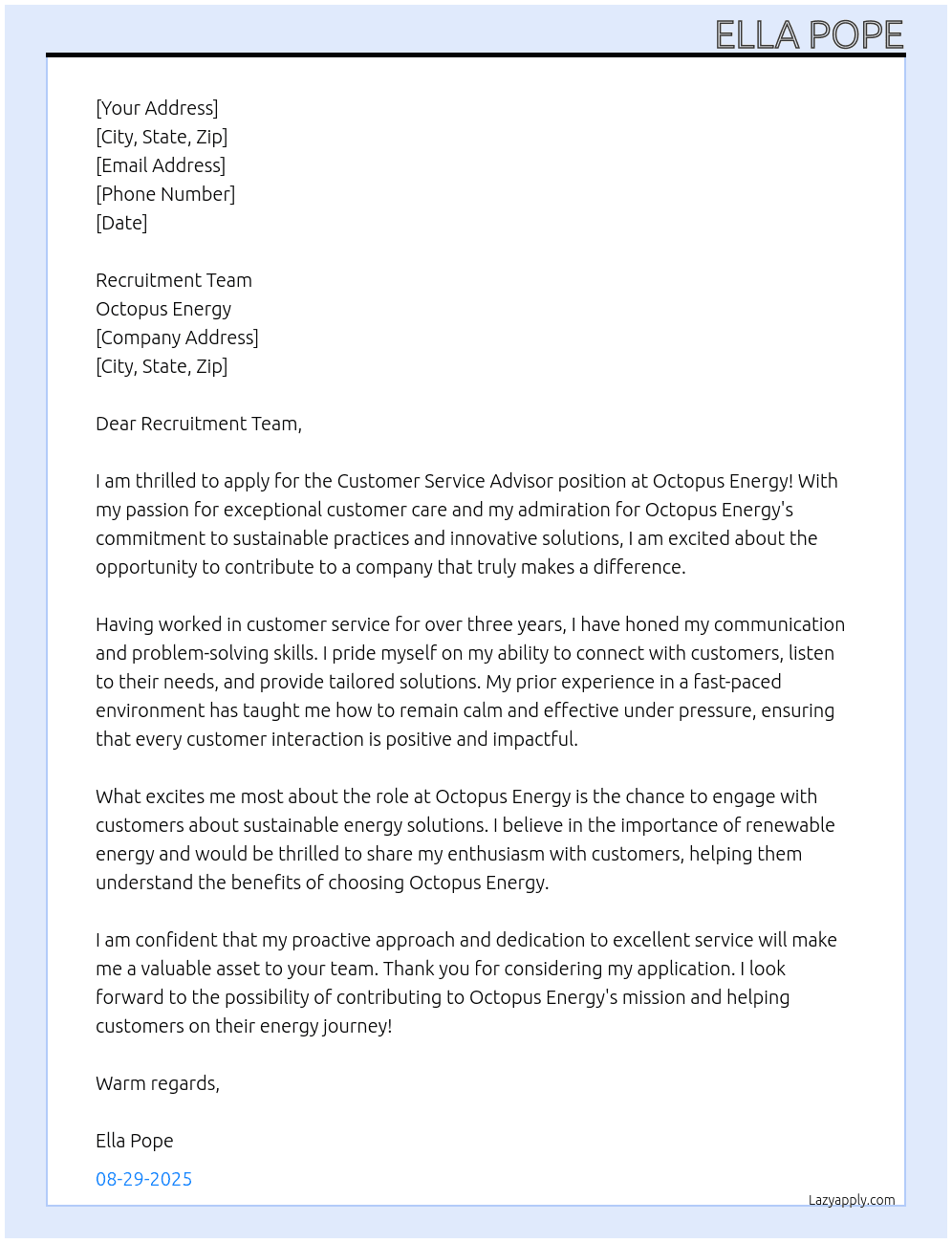 customer service advisor At Octopus Energy Cover Letter