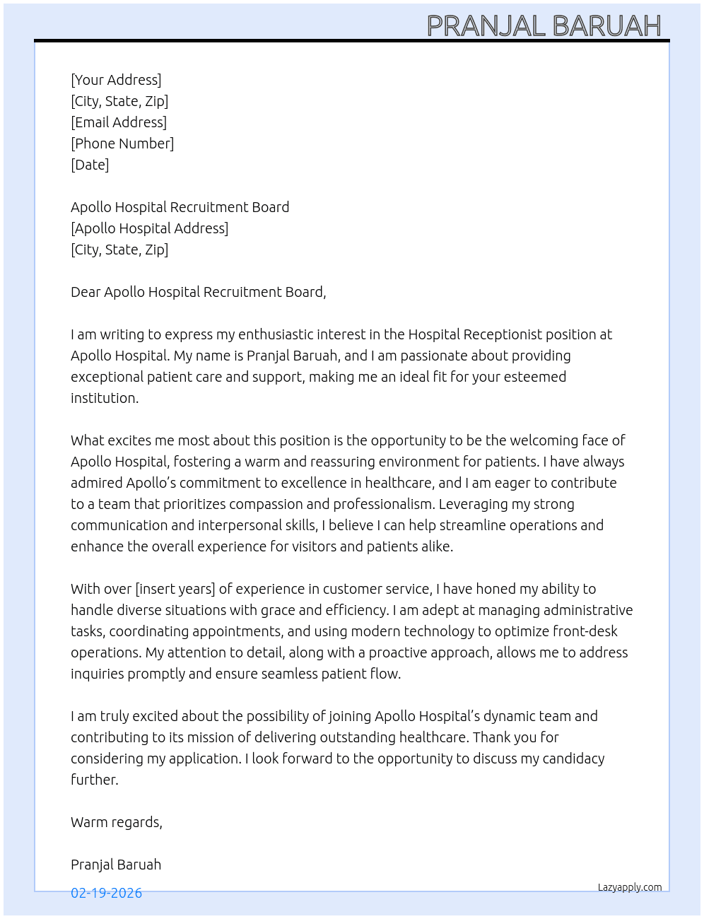 Hospital Receptionist  At Apollo Hospital  Cover Letter