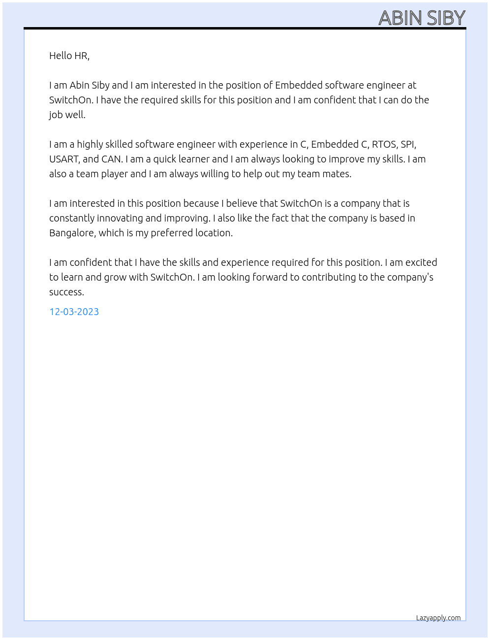 Embedded software engineer At SwitchOn Cover Letter
