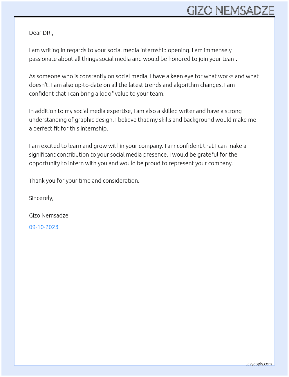 internship in social media  At DRI Cover Letter