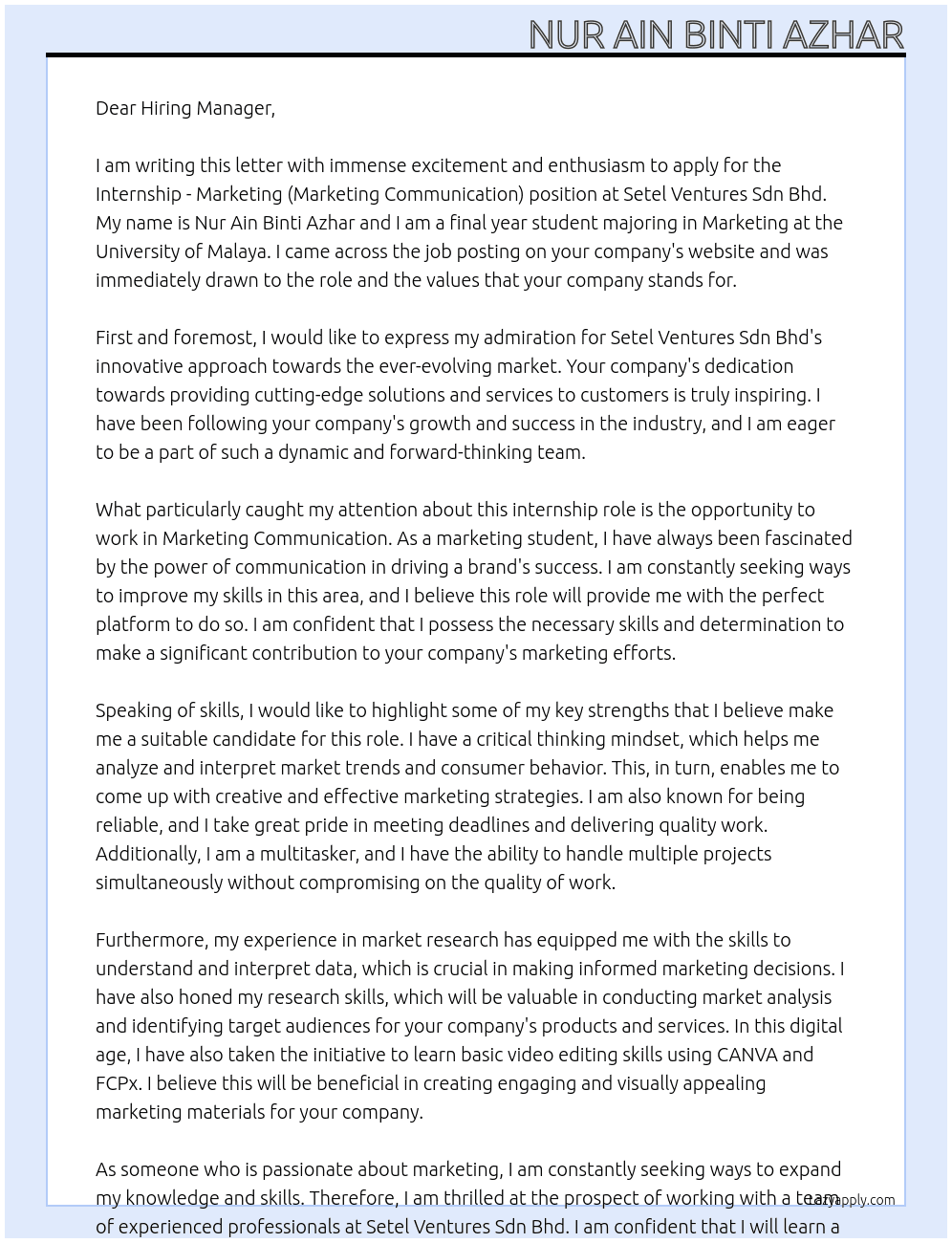 Internship - Marketing (Marketing Communication) At Setel Ventures Sdn Bhd Cover Letter