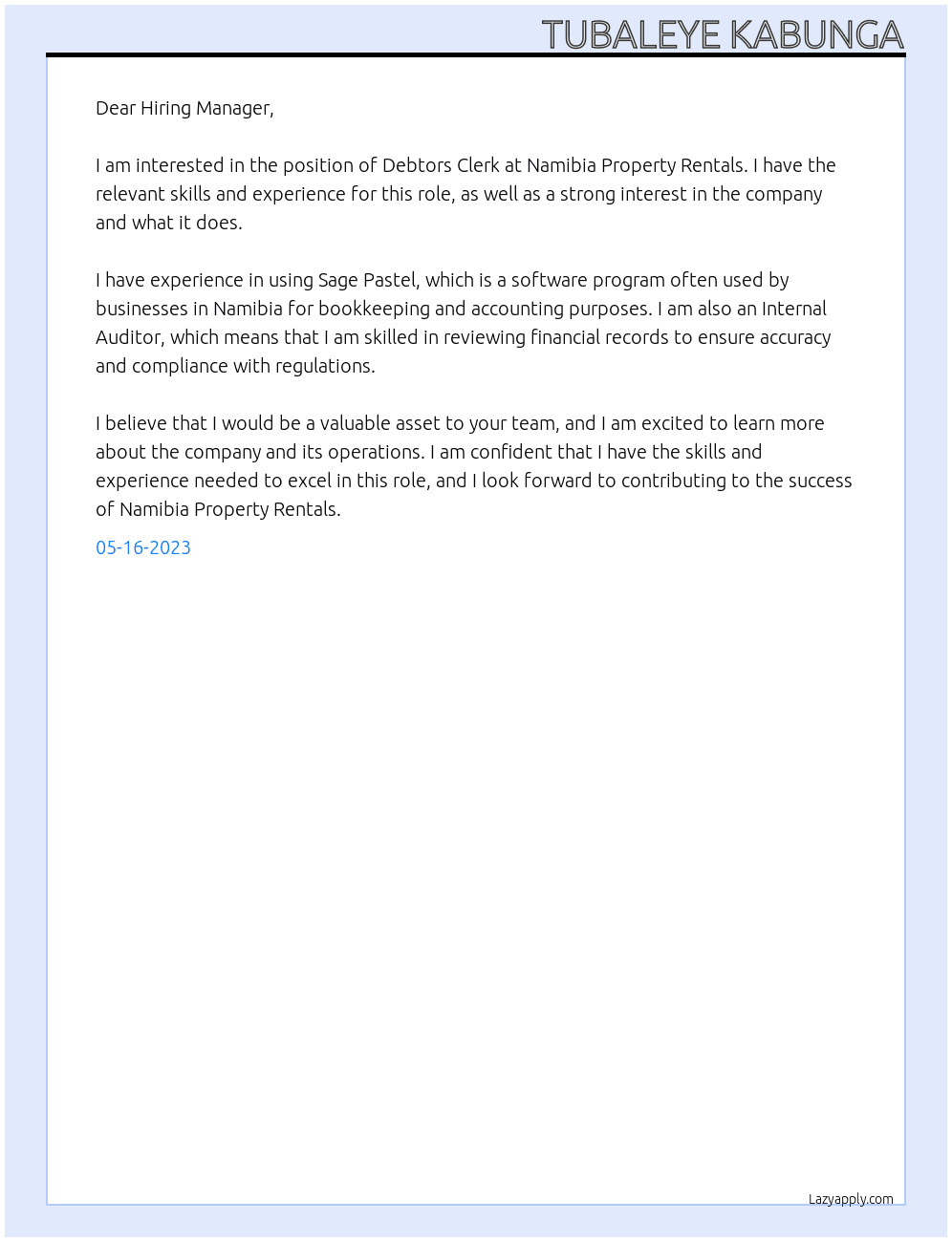 Debtors Clerk At Namibia Property Rentals Cover Letter