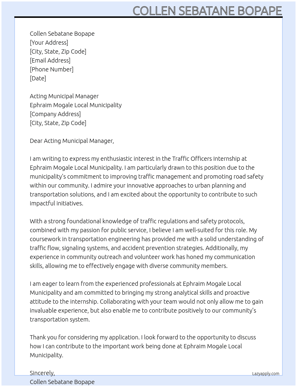 Traffic Officers Internship At Ephraim Mogale Local Municipality Cover Letter