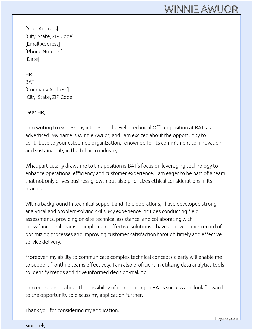 Field technical officer  At BAT Cover Letter