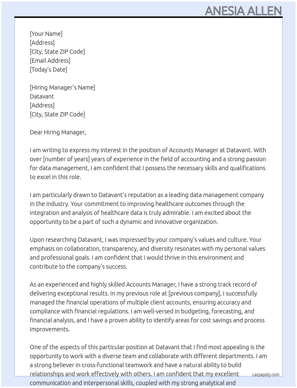Accounts Manager  At Datavant  Cover Letter
