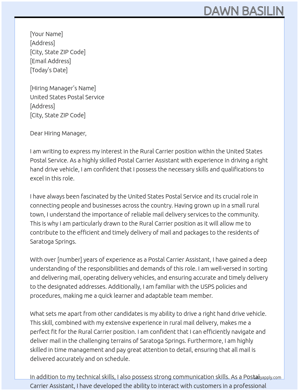 RURAL CARRIER  At United States Postal Service Cover Letter