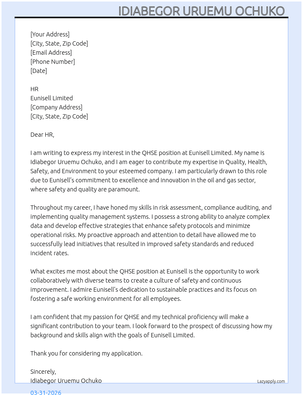 Cover letter for qhse - LazyApply