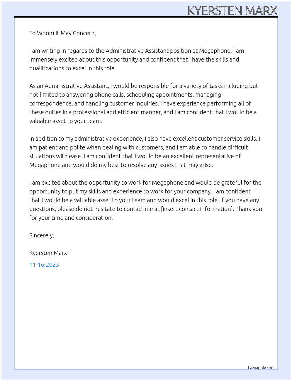 Administrative Assistant  At Megaphone Cover Letter
