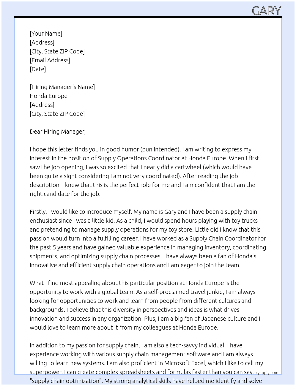 supply operations coordinator At Honda Europe Cover Letter