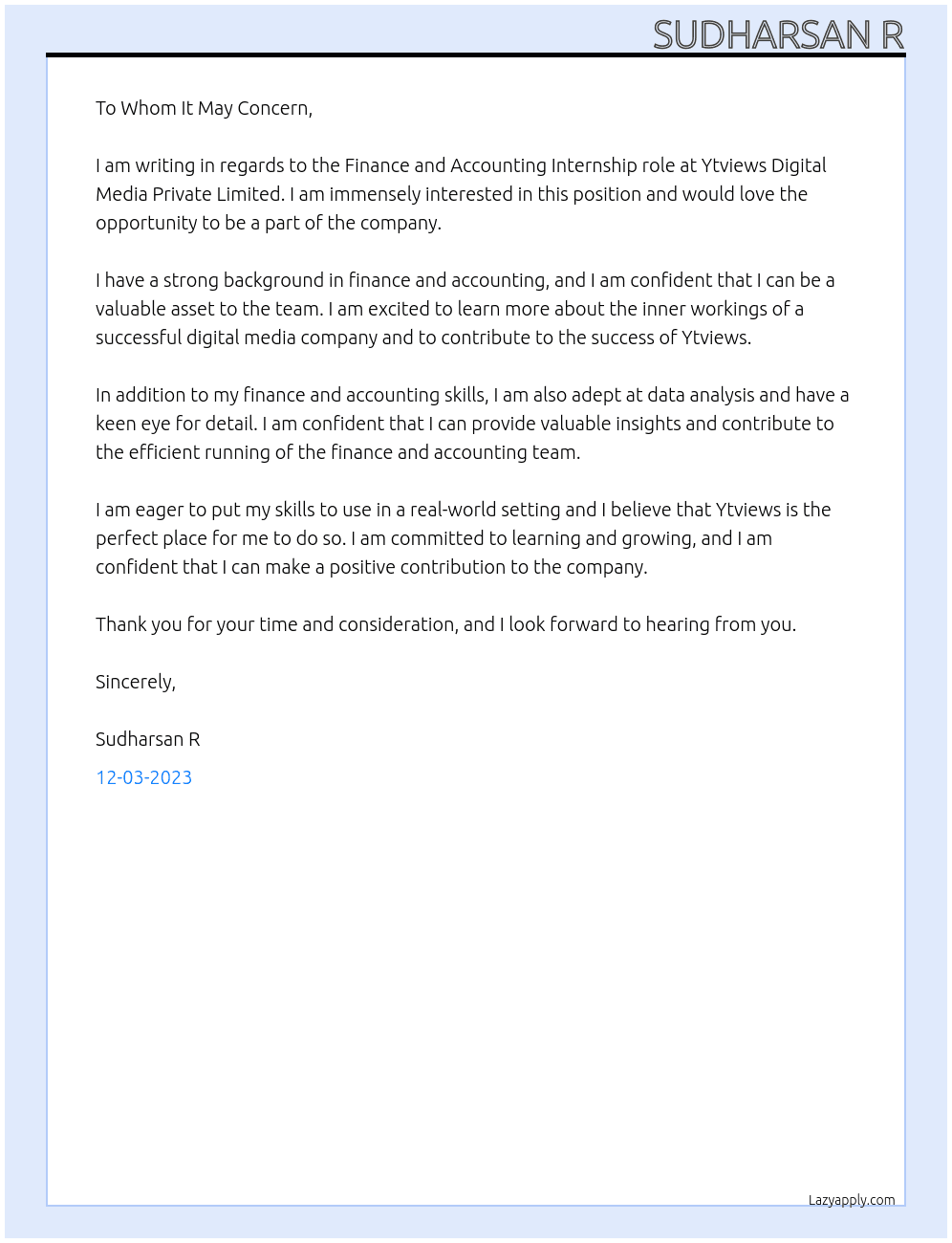 Finance and accounting At Ytviews digital media private limited Cover Letter