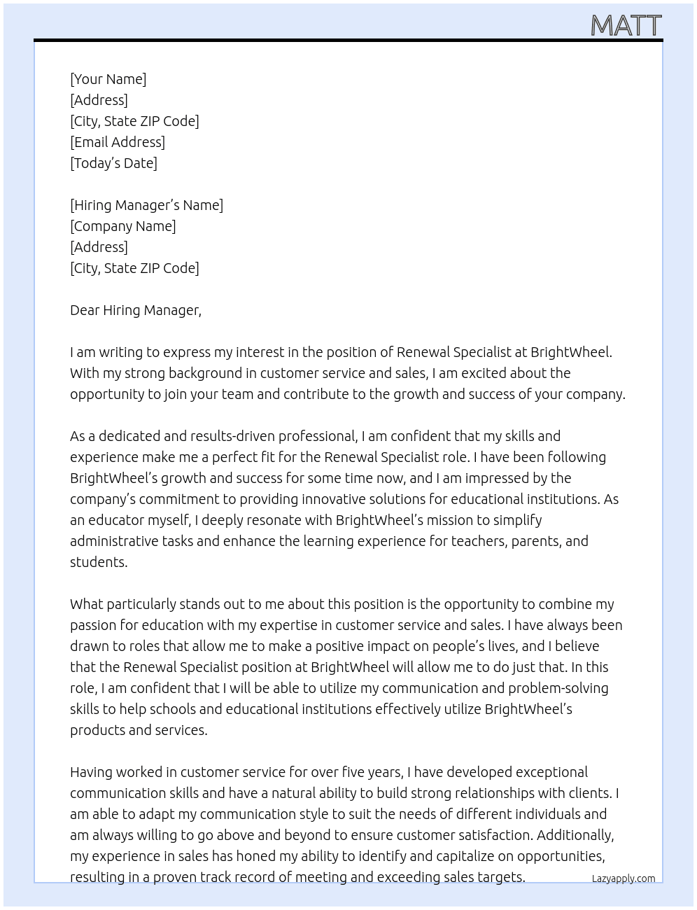 Renewal Specialist At BrightWheel Cover Letter