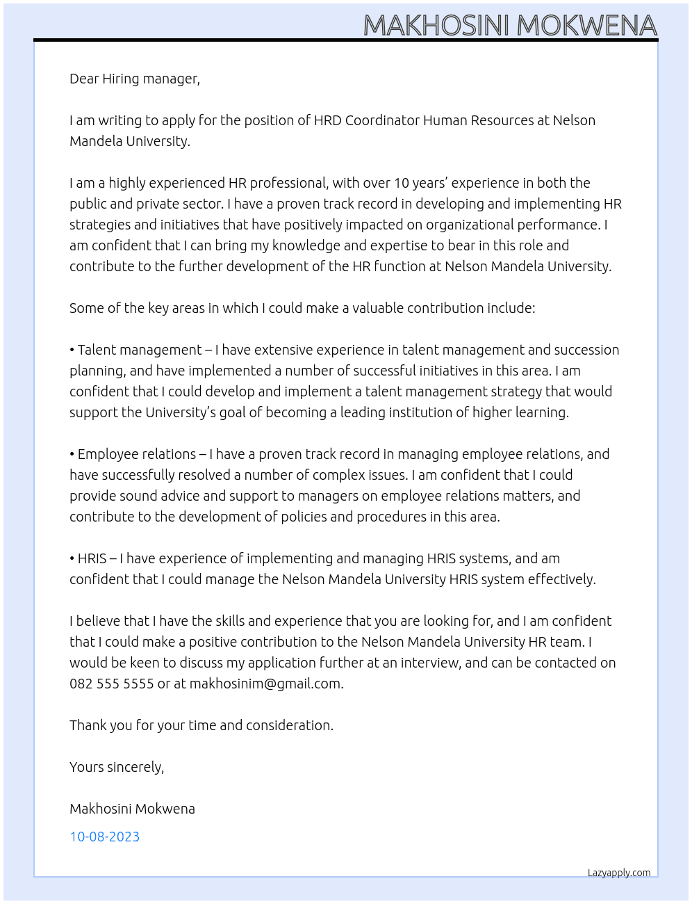 HRD Coordinator Human Resources At Nelson Mandela university Cover Letter