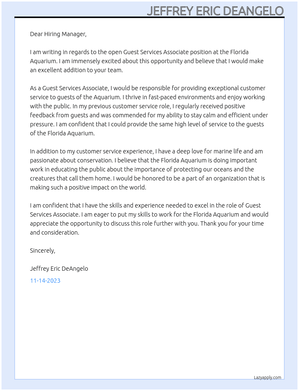 Guest Services Associate At Florida Aquarium Cover Letter