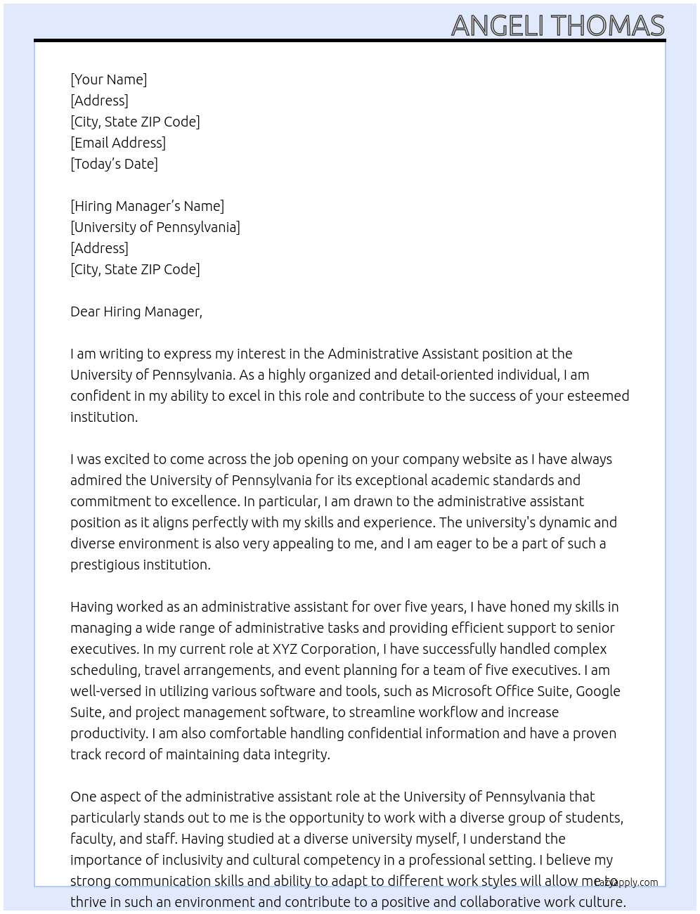 Administrative Assistant  At University of Pennsylvania Cover Letter