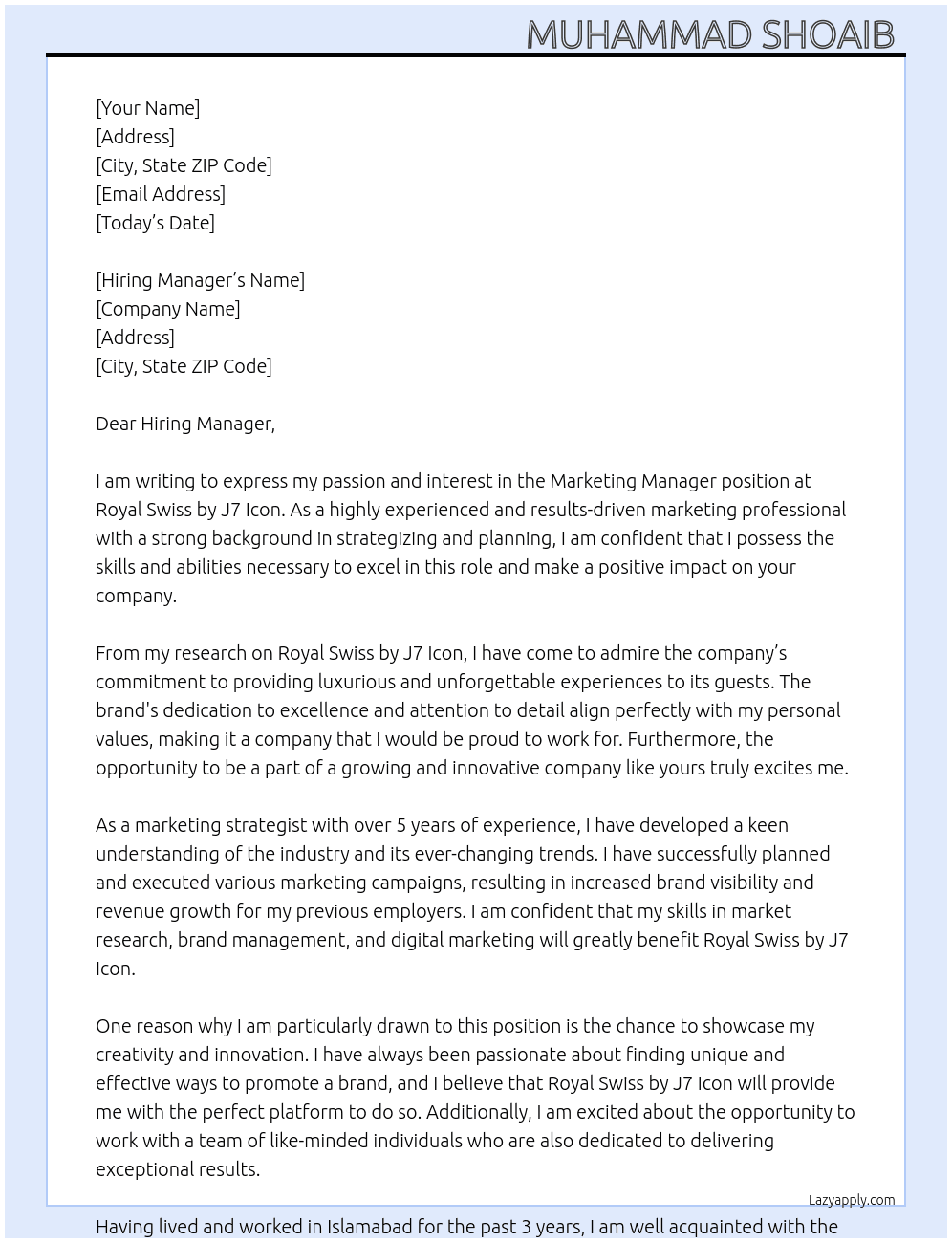 Marketing manager  At Royal Swiss by J7 Icon  Cover Letter