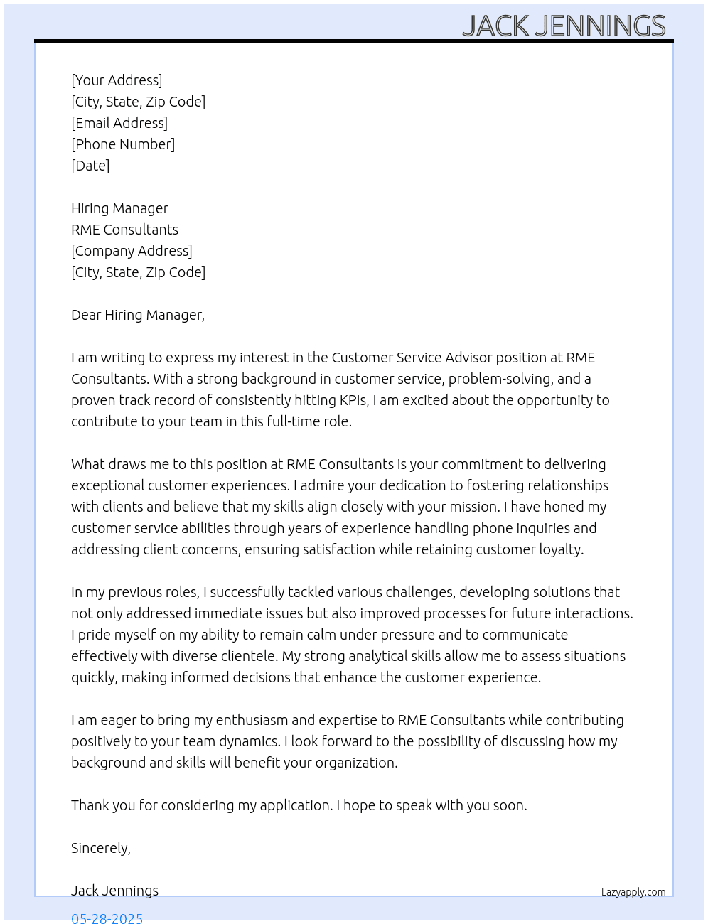 Customer service advisor At RME consultants Cover Letter