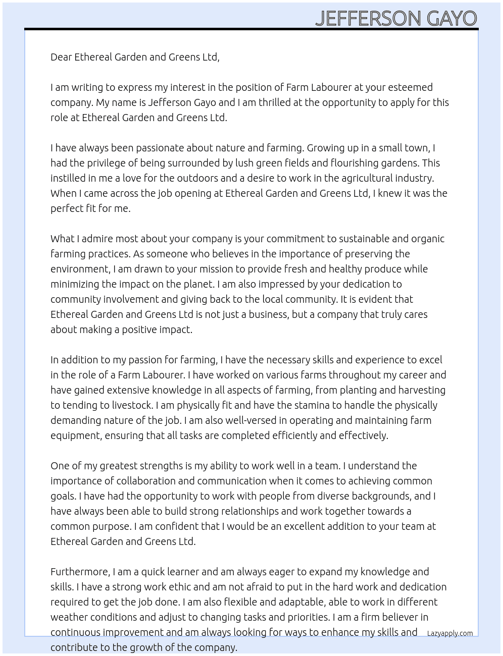 Farm Labourer At Ethereal Garden and Greens Ltd Cover Letter