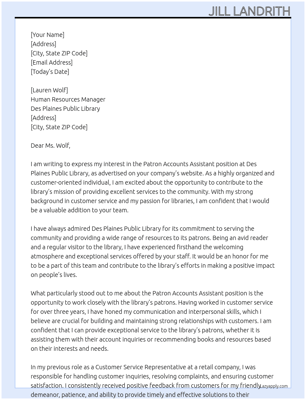 Patron Accounts Assistant At Des Plaines Public Library Cover Letter