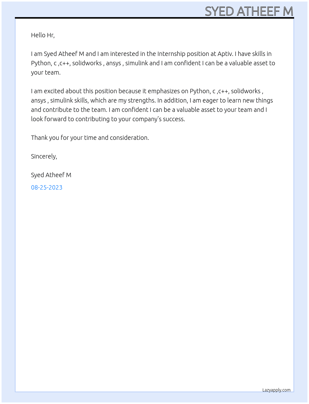 Internship At Aptiv Cover Letter