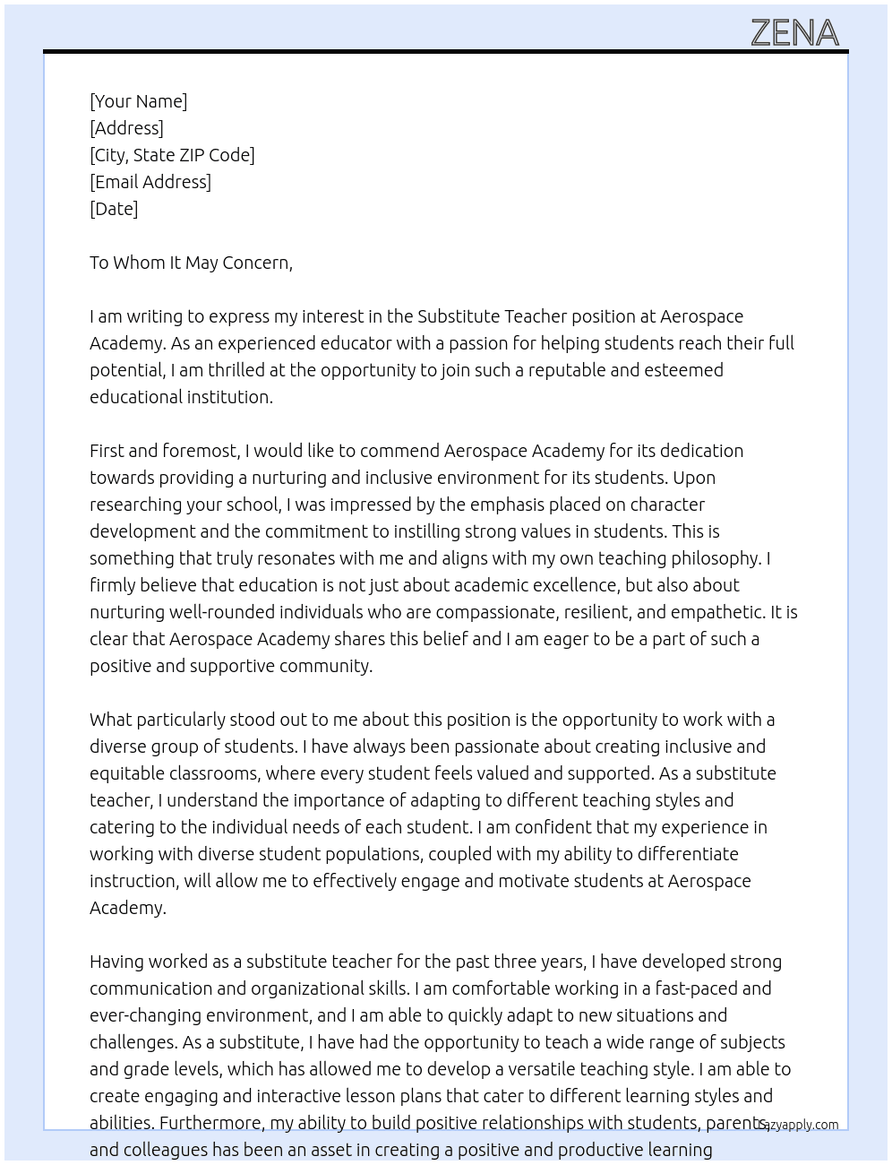 Substitute teacher  At Aerospace Academy  Cover Letter