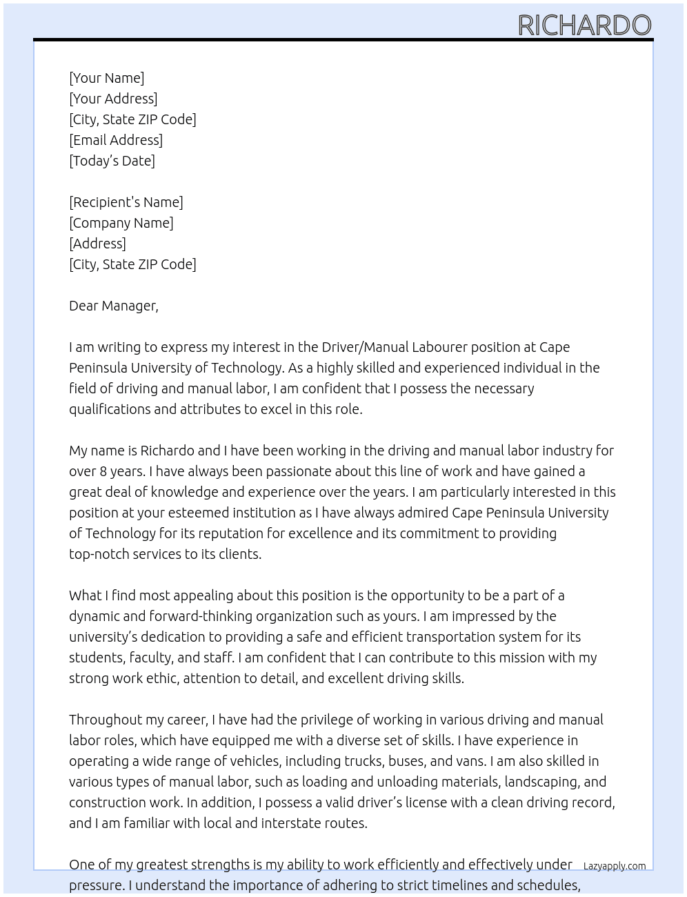 Driver /Manual Labourer  At Cape peninsula university of technology  Cover Letter
