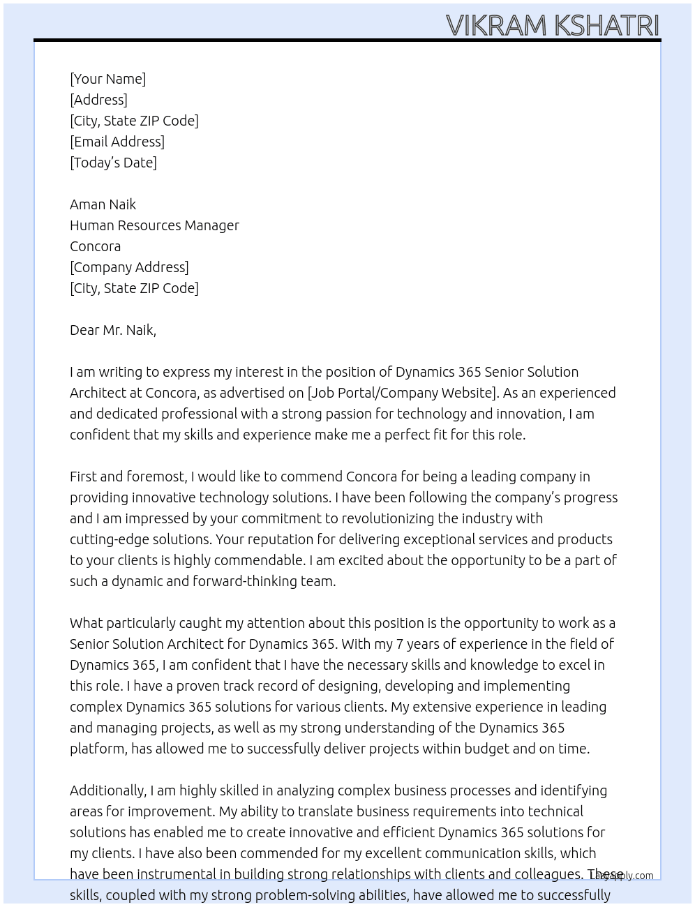 Cover letter for dynamics 365 senior solution architect - LazyApply