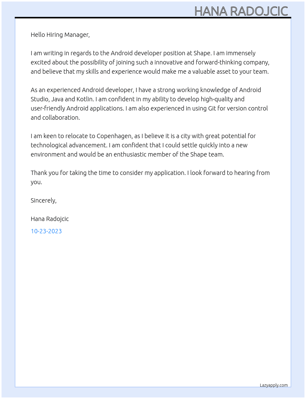 Android developer At Shape Cover Letter