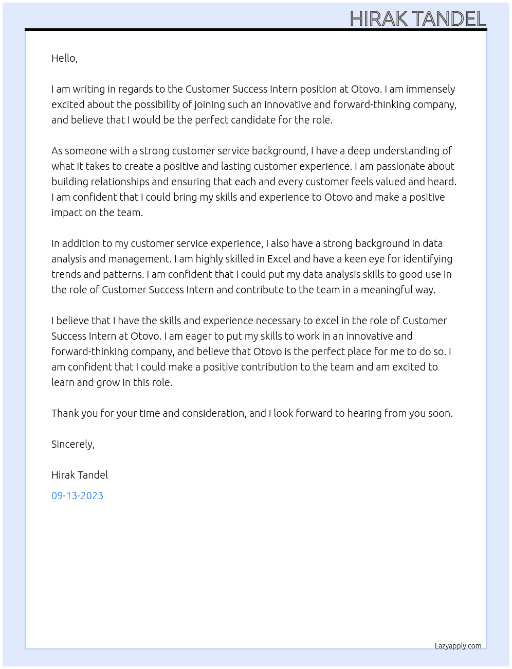 customer success intern At Otovo Cover Letter