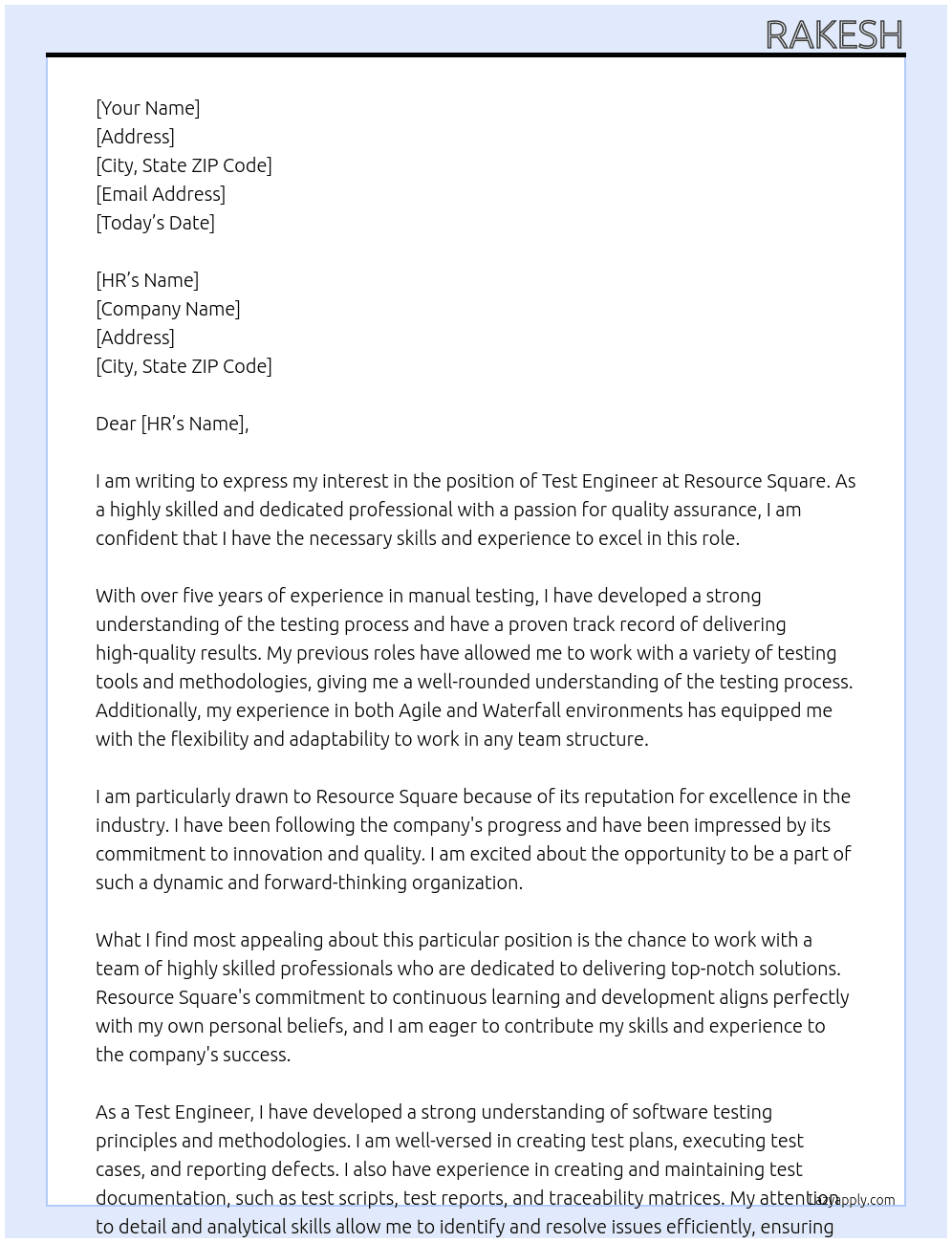 test engineer At Resource square  Cover Letter