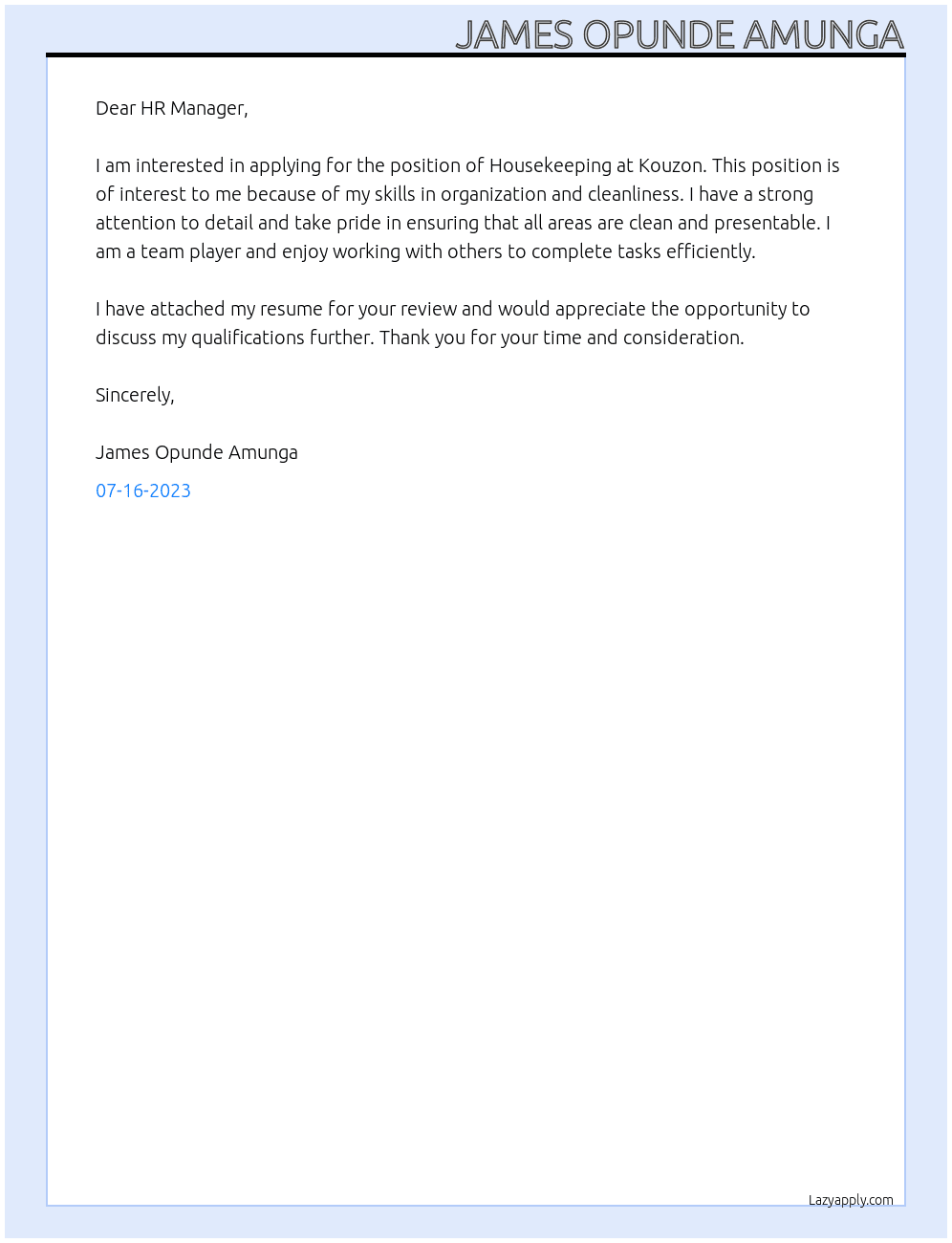 Housekeeping  At Kouzon  Cover Letter