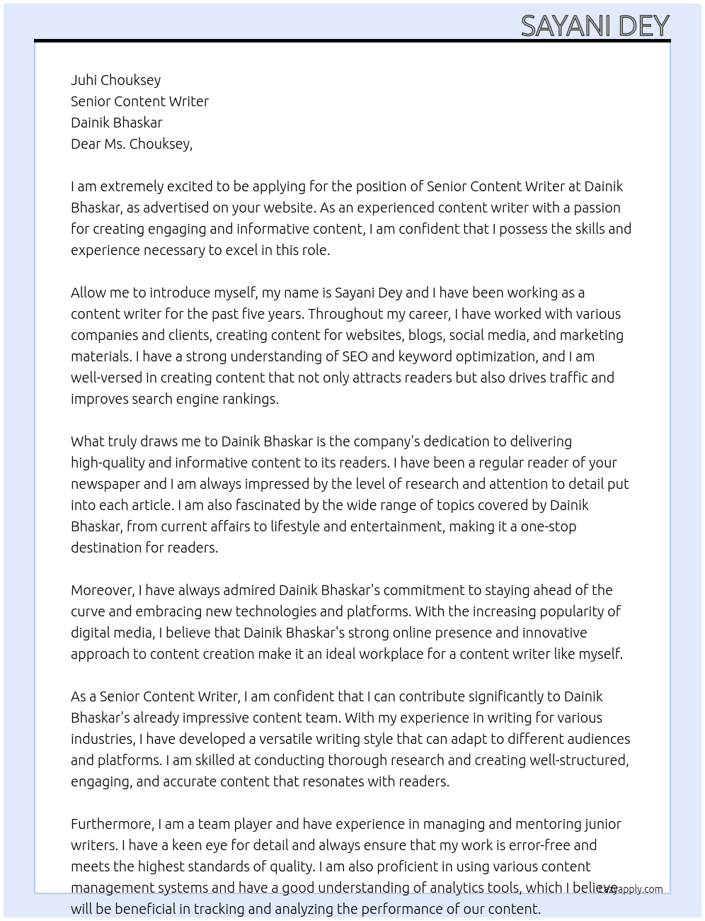 Senior content writer  At Dainik Bhaskar  Cover Letter