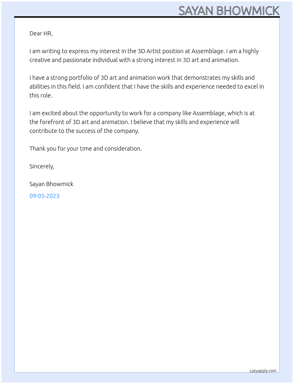 3D Artist At Assemblage Cover Letter