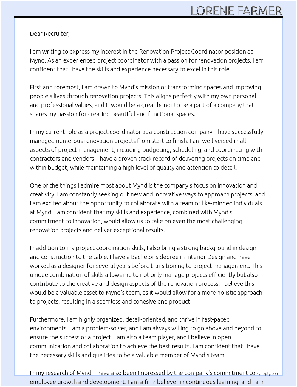 Renovation Project Coordinator At Mynd Cover Letter