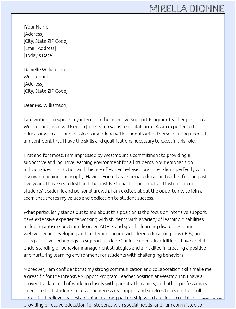 Intensive Support Program Teacher At Westmount Cover Letter