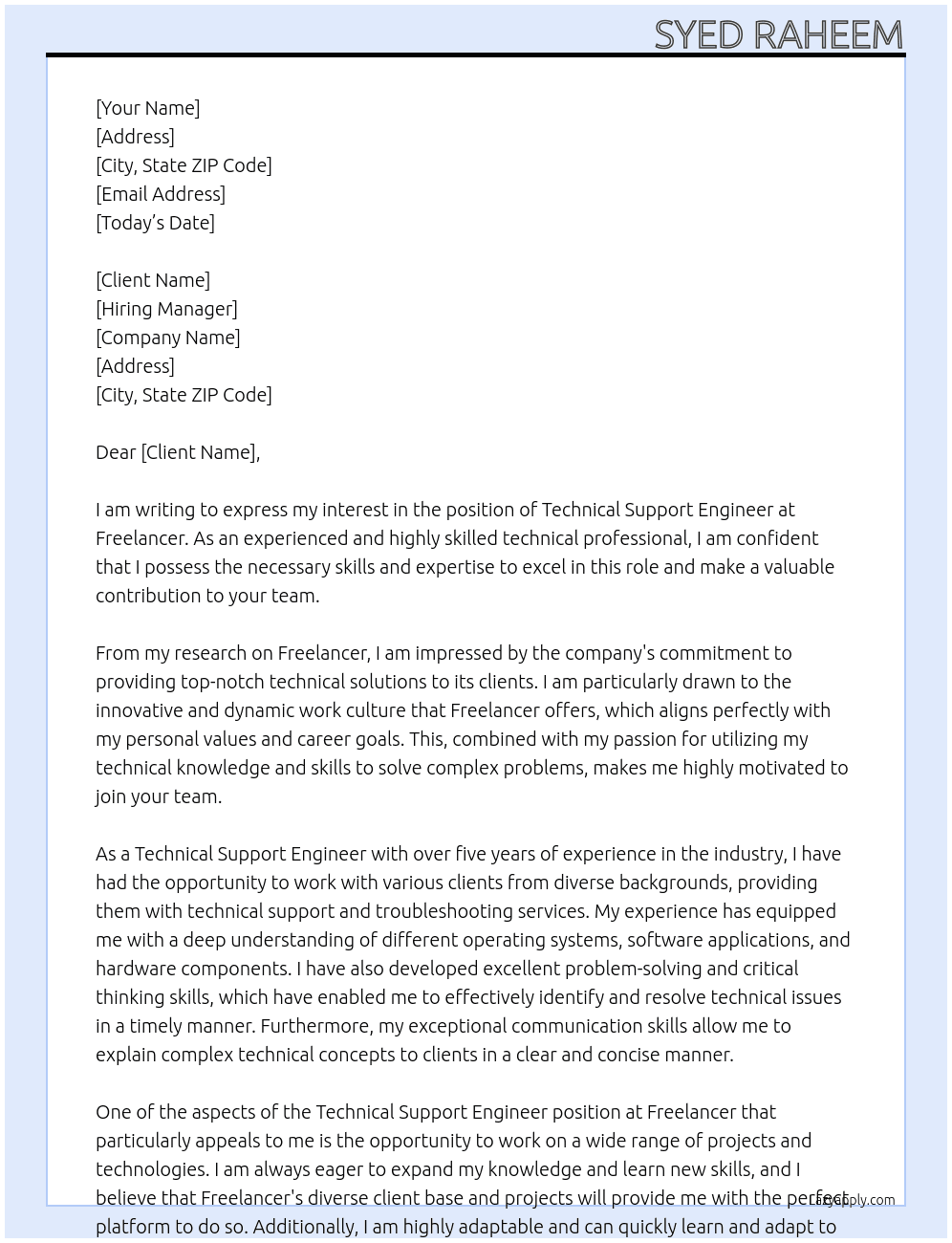 Technical support engineer  At Free lancer  Cover Letter