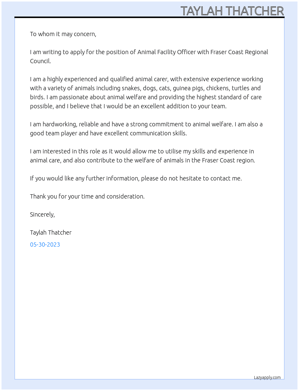 Animal facility's officer  At Fraser Coast Regional Council  Cover Letter