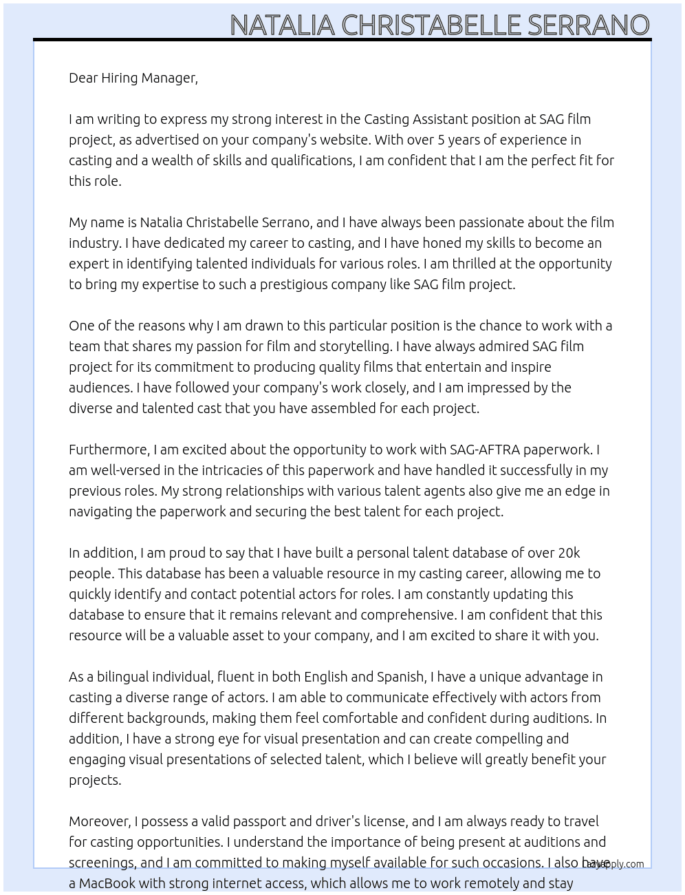 casting assistant At SAG film project Cover Letter