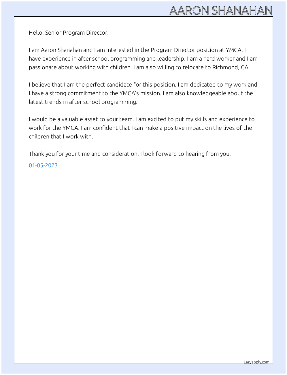 Program Director At YMCA Cover Letter