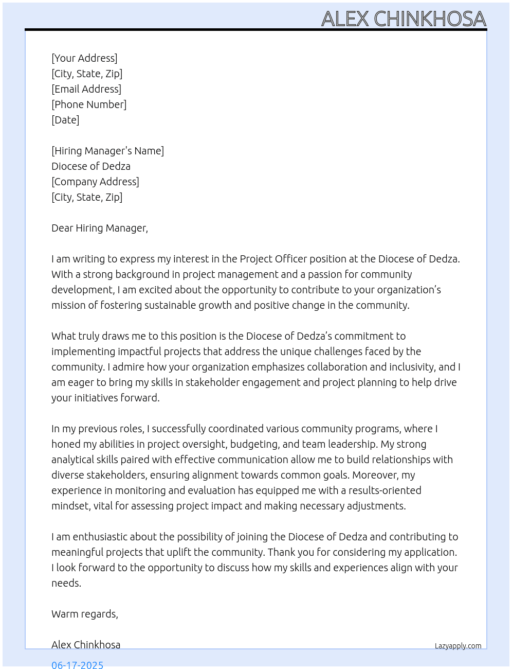 project officer At diocese of dedza Cover Letter