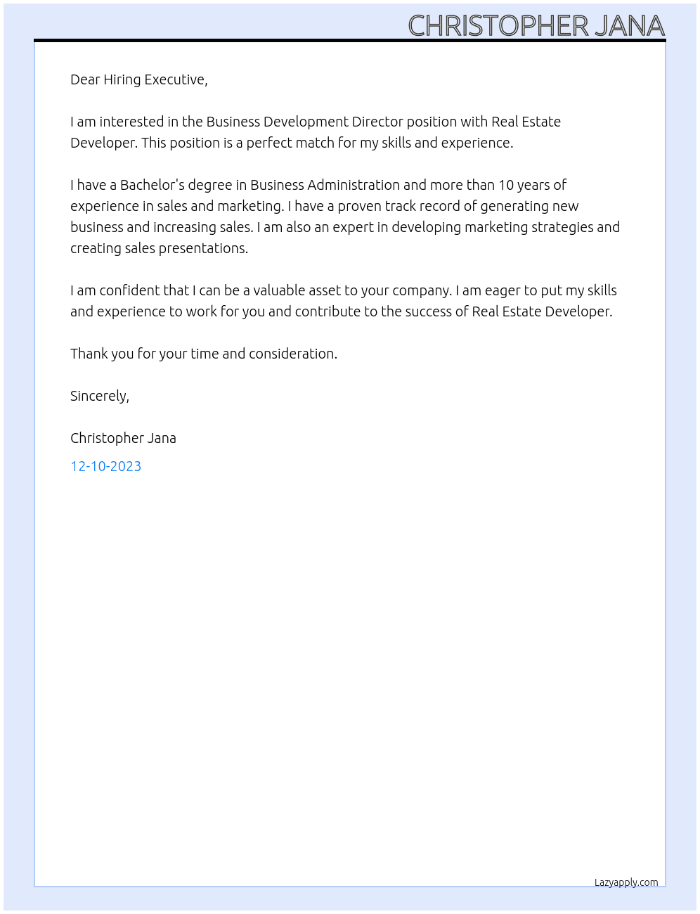 Business Development Director  At Real estate developer  Cover Letter