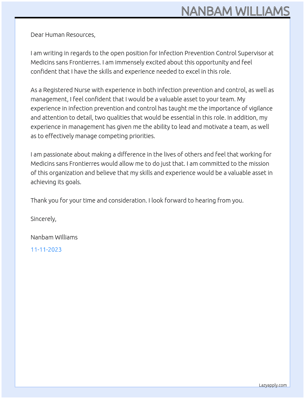 Infection prevention control supervisor At Medicins sans frontierres Cover Letter