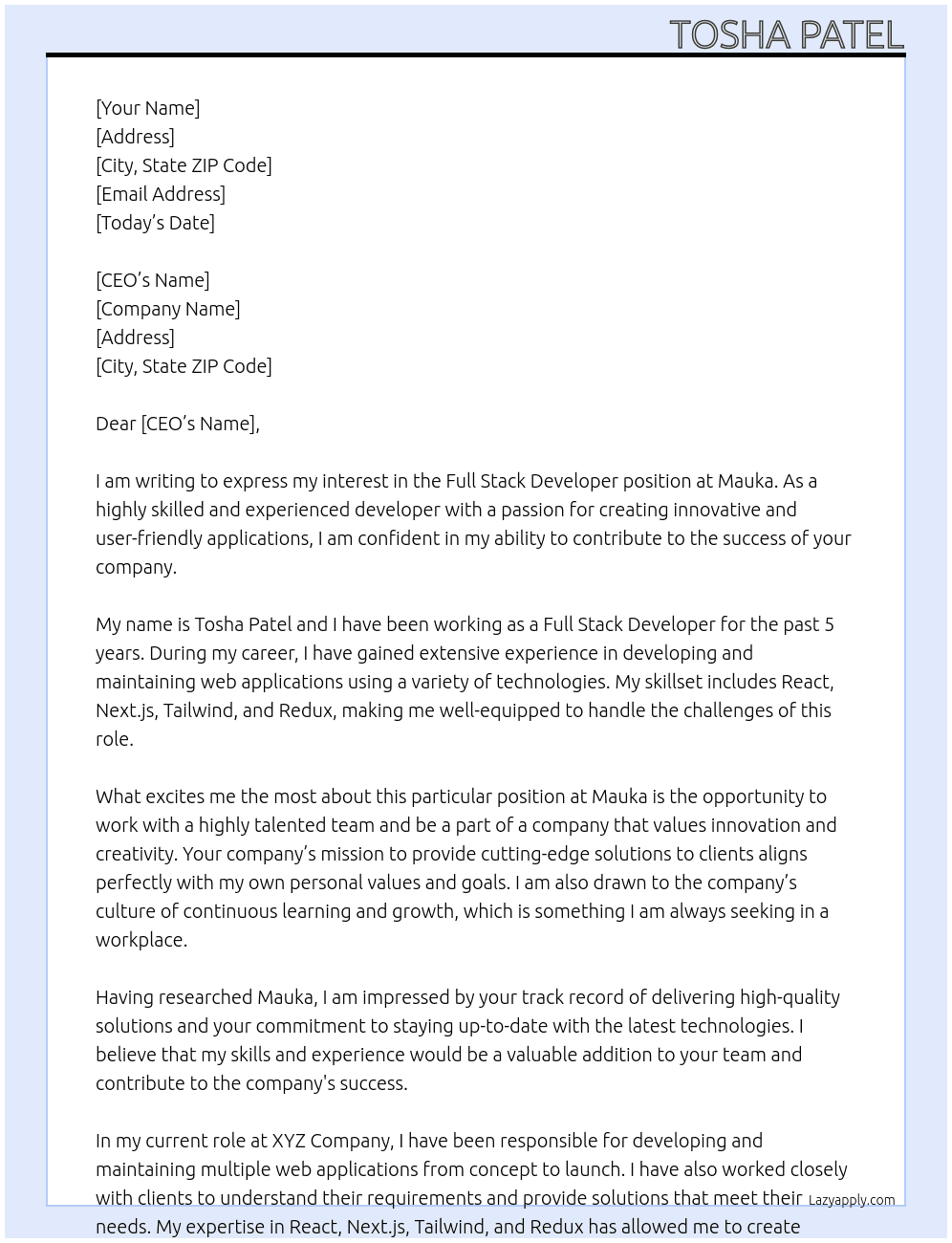 Full stack developer At Mauka Cover Letter