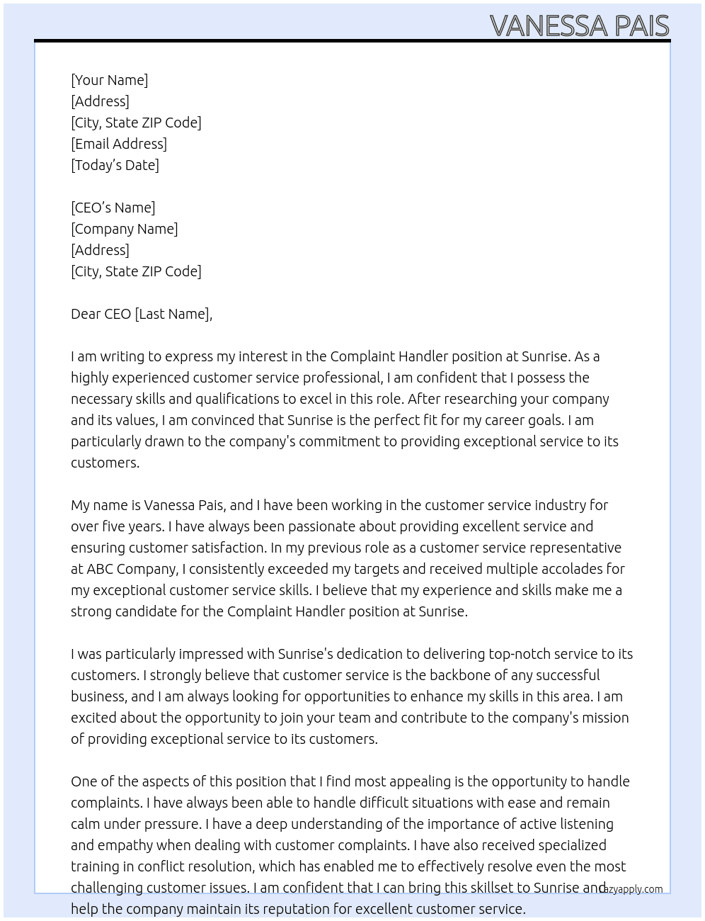 Complaint handler At Sunrise Cover Letter