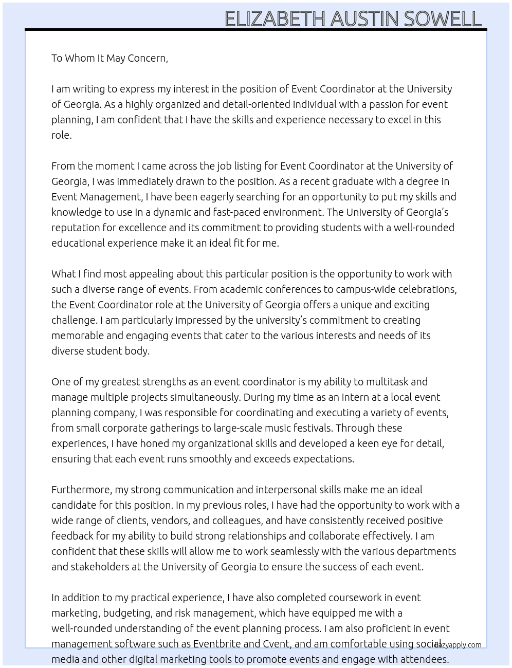 Event Coordinator At Universtity Of Georgia Cover Letter