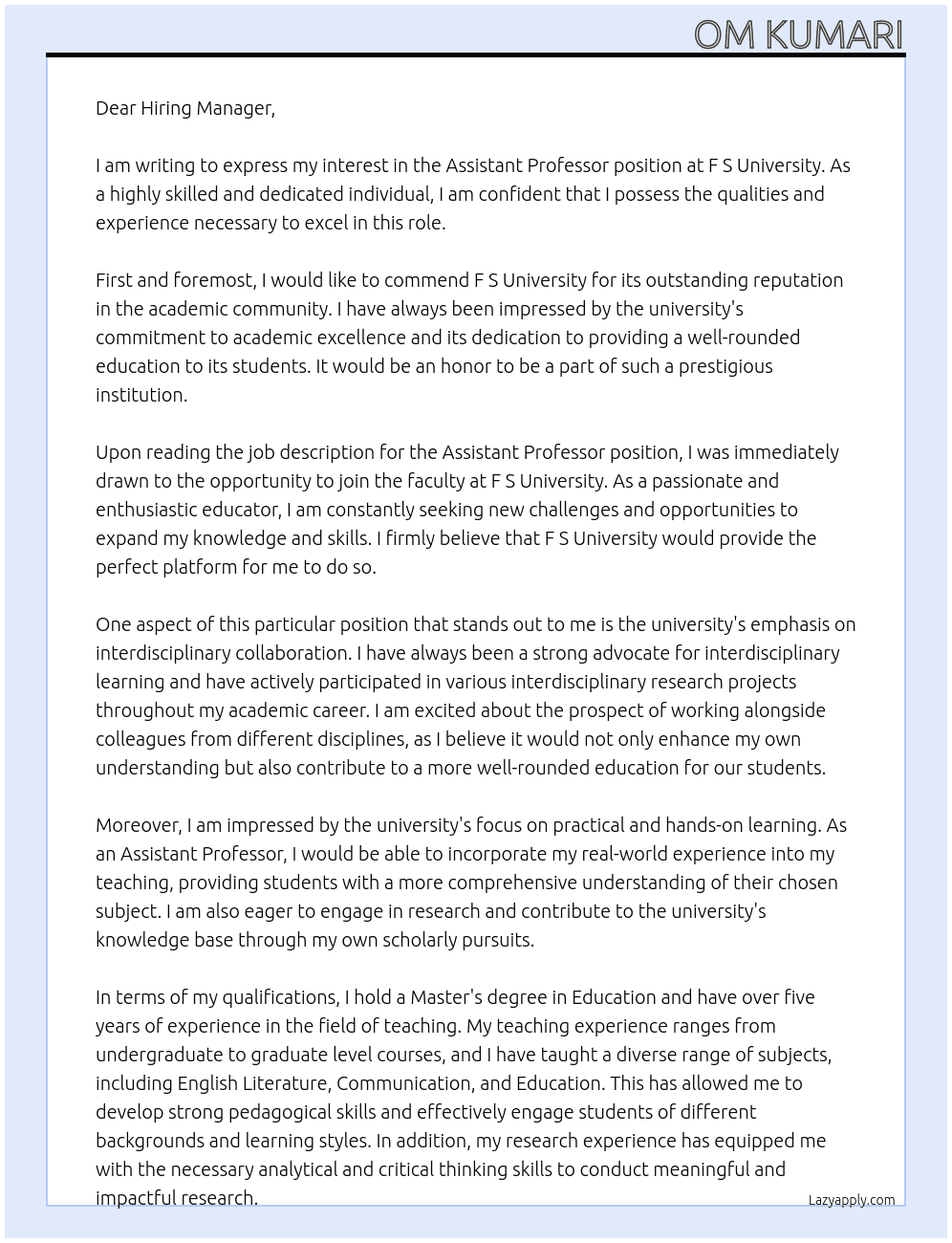 Assistant professor At F S university Cover Letter