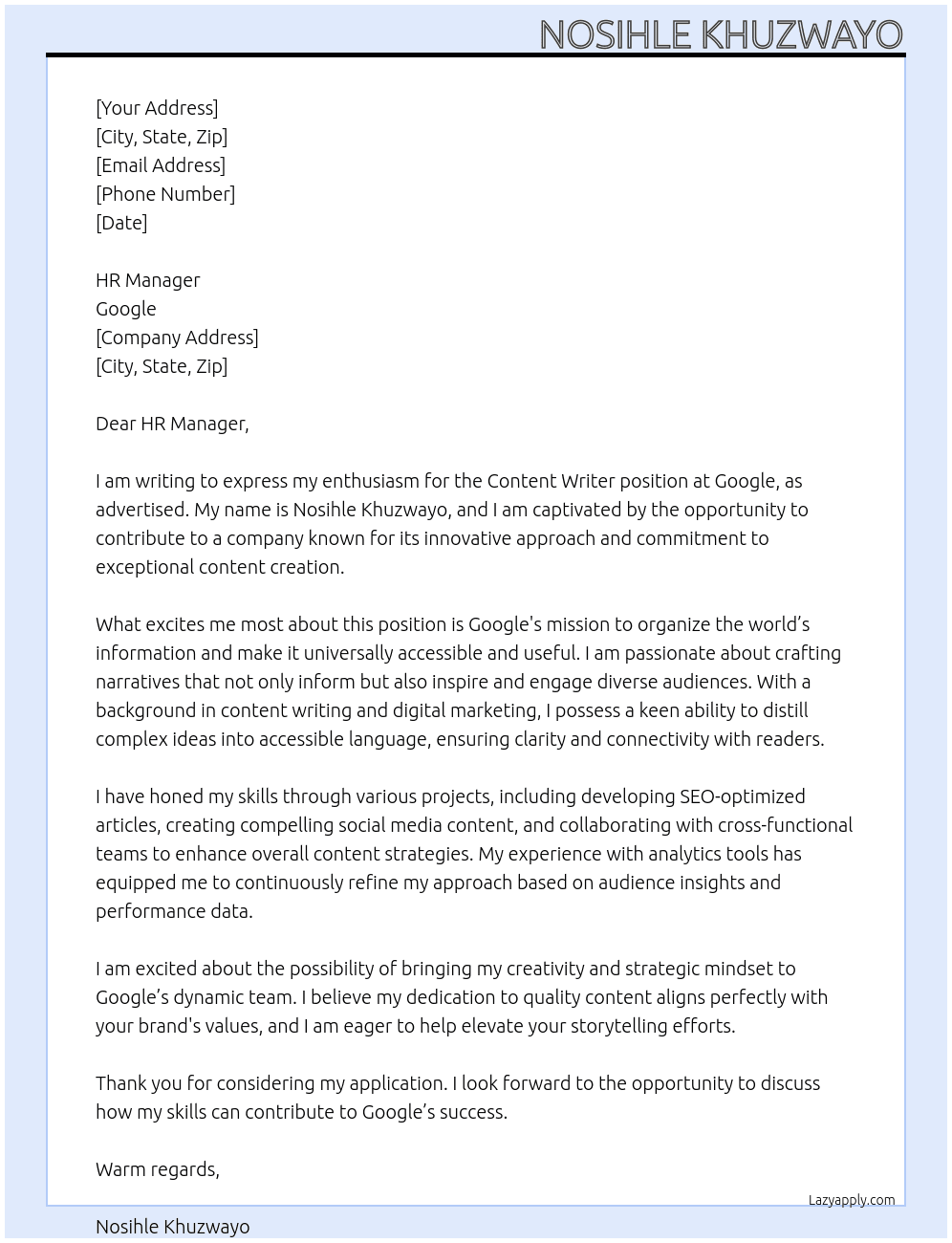 content writer At google Cover Letter